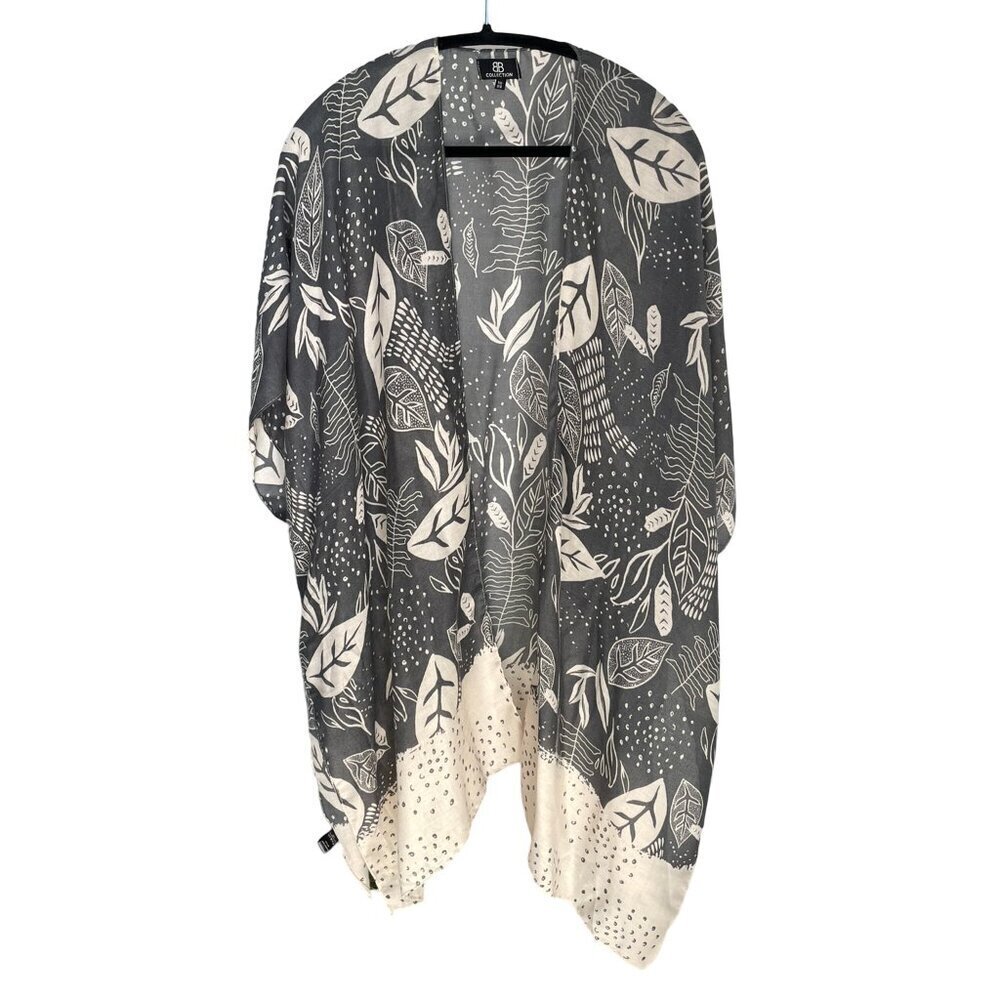 BB Collection Kimono Bathing Suit Cover Up Leaves Gray White Womens One Size O/S